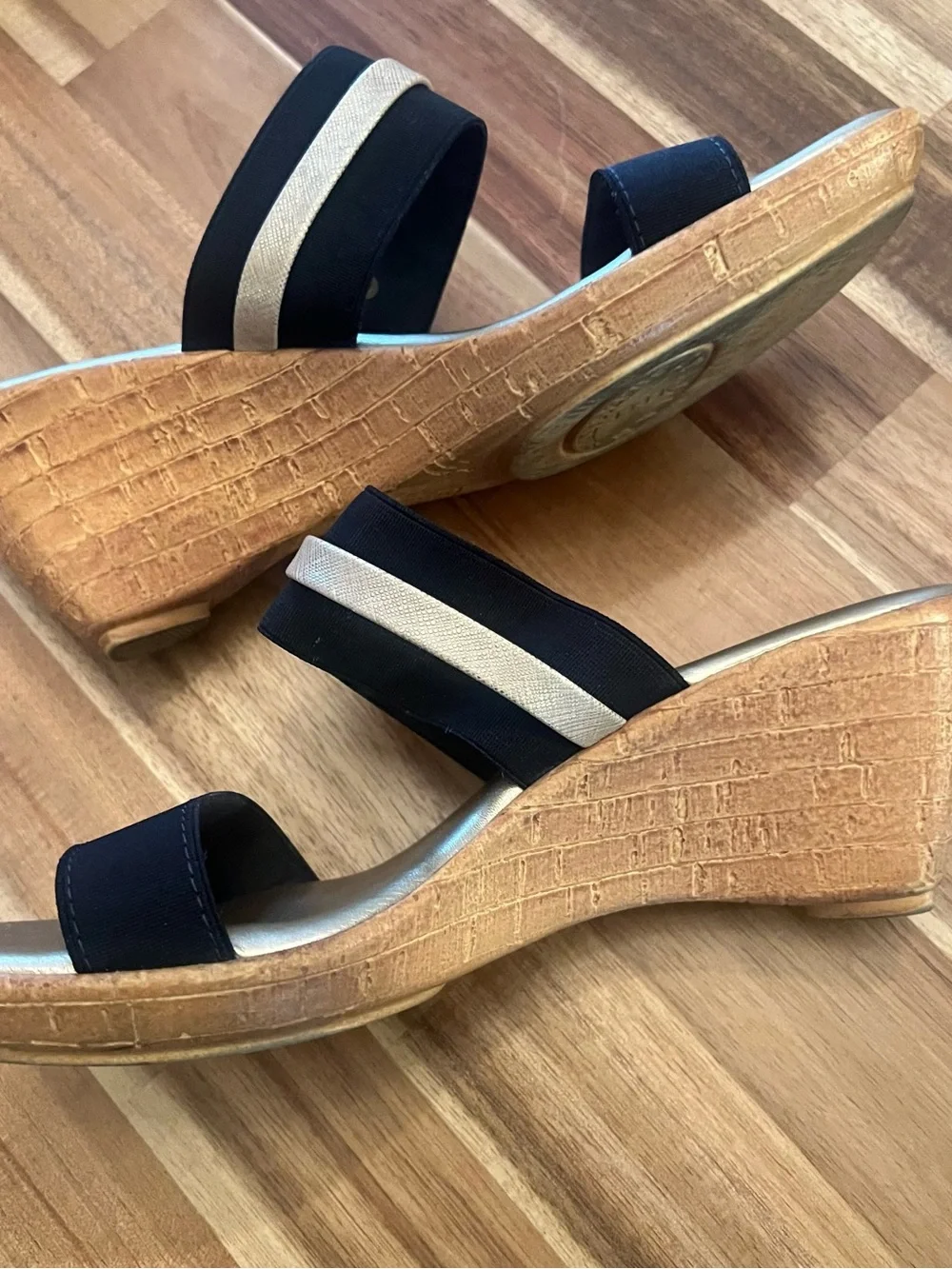 Italian Shoemakers Navy and Gold Slip-On Wedge Mules - Picture 6 of 7